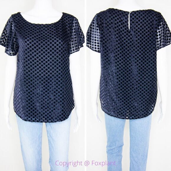 Loft flutter-sleeve navy blue top with dots keyhole back, women size S - Picture 1 of 16